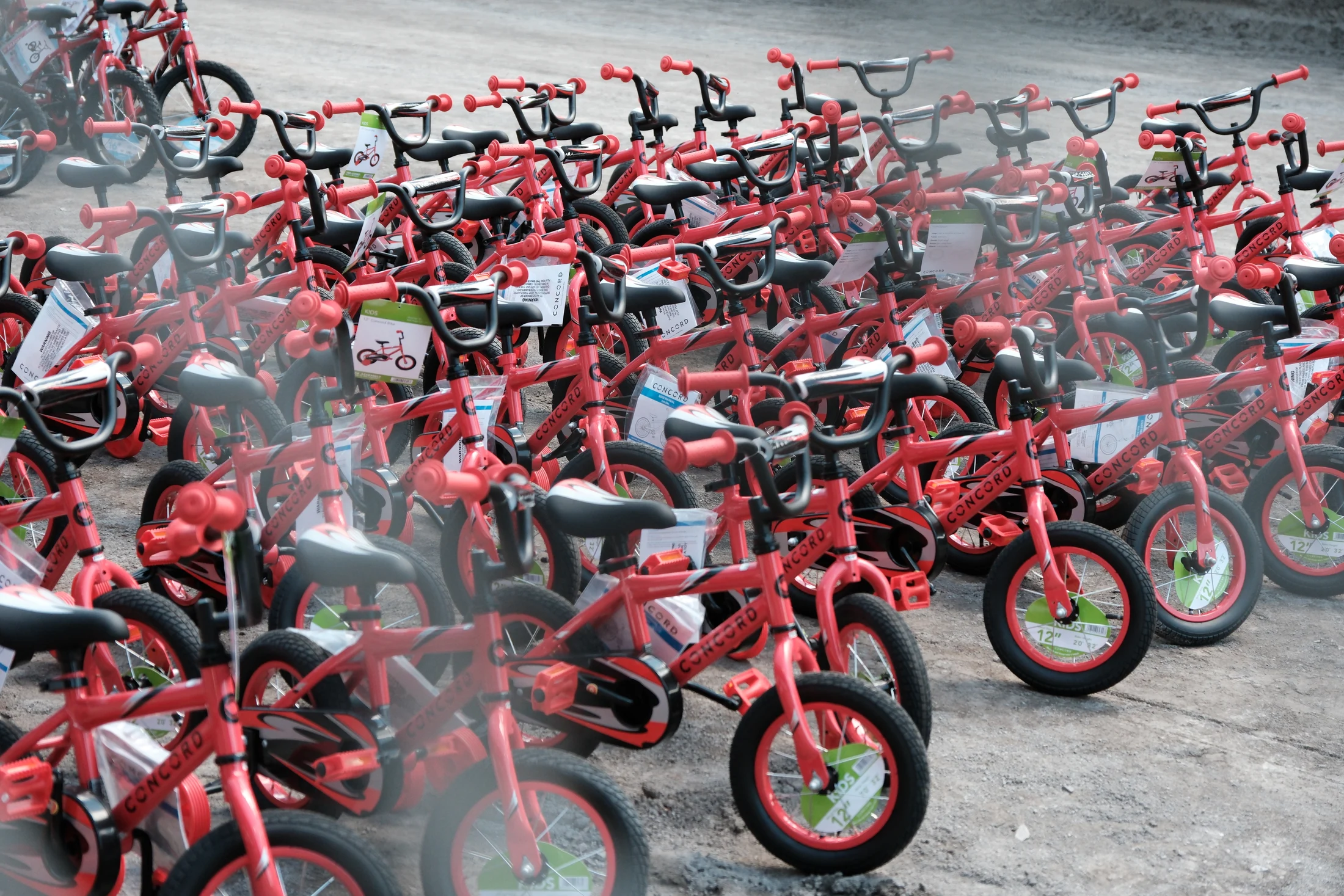 Rows of bicycles await their new owners during Tuesday’s bicycle giveaway at the Delaware County Fair. A total of 250 bicycles were given away to children during the event.